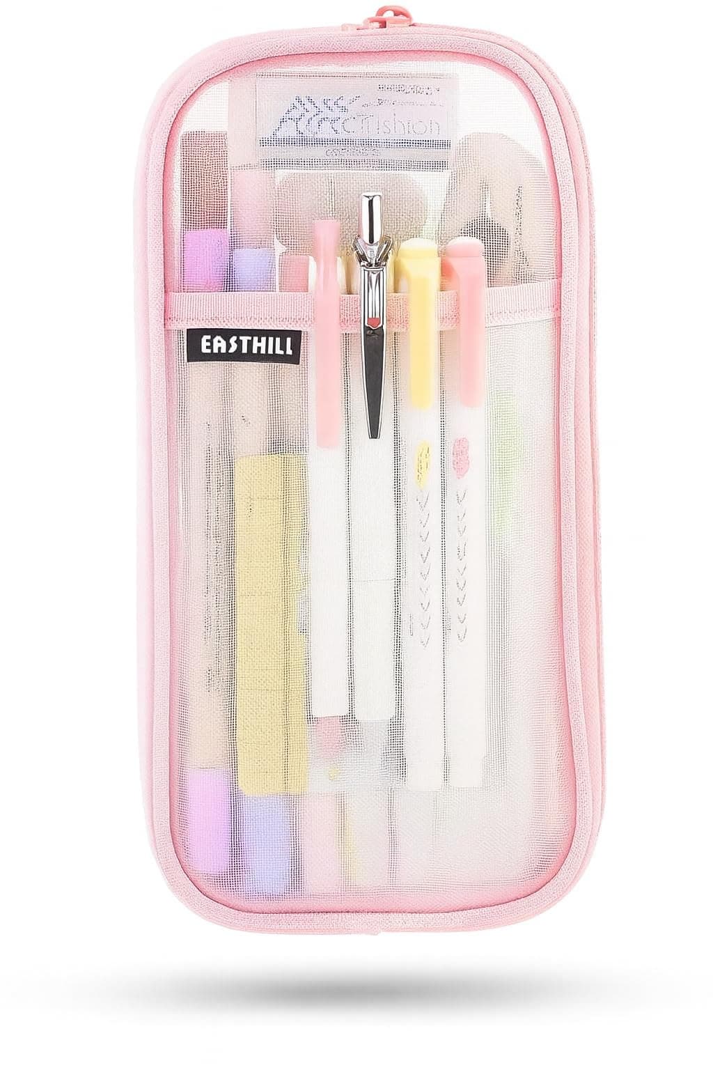 EASTHILL Grid Mesh Pen Pencil Case with Zipper Clear Makeup Color Pouch Cosmetics Bag Multi-Purpose Travel School Teen Girls Transparent Stationary Bag Office Organizer Box for Adluts-Pink