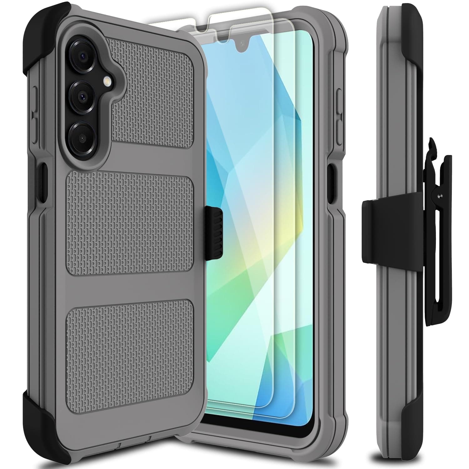 for Samsung Galaxy A16 5G Case with 2 Pack Tempered Glass Screen Protector, [Holster Series] Belt Clip Hard Tough Heavy Duty Rugged Shockproof Protective Cell Phone Case (Gray)