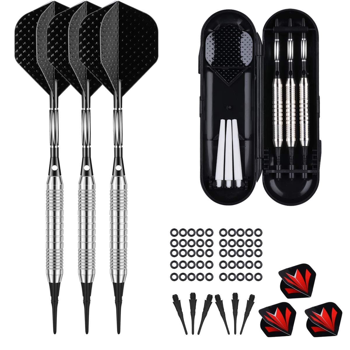 sanfeng Darts with Plastic Tip for Electronic Dartboard 18 Grams, Professional Soft Darts, 3 Darts 6 Flights 50 Anti-Loose Rubber Rings 30 Tips