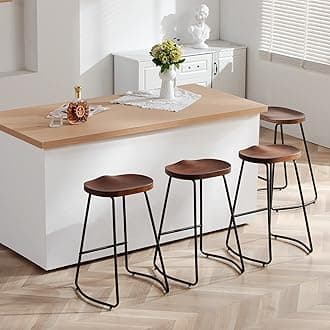 HeuGah Bar Stools Set of 4, Saddle Seat Bar Stools with Metal Legs, Rustic Backless Counter Height Stools, Industrial Counter Stools (Walnut, 4 PCS 26Inch Counter Stools)