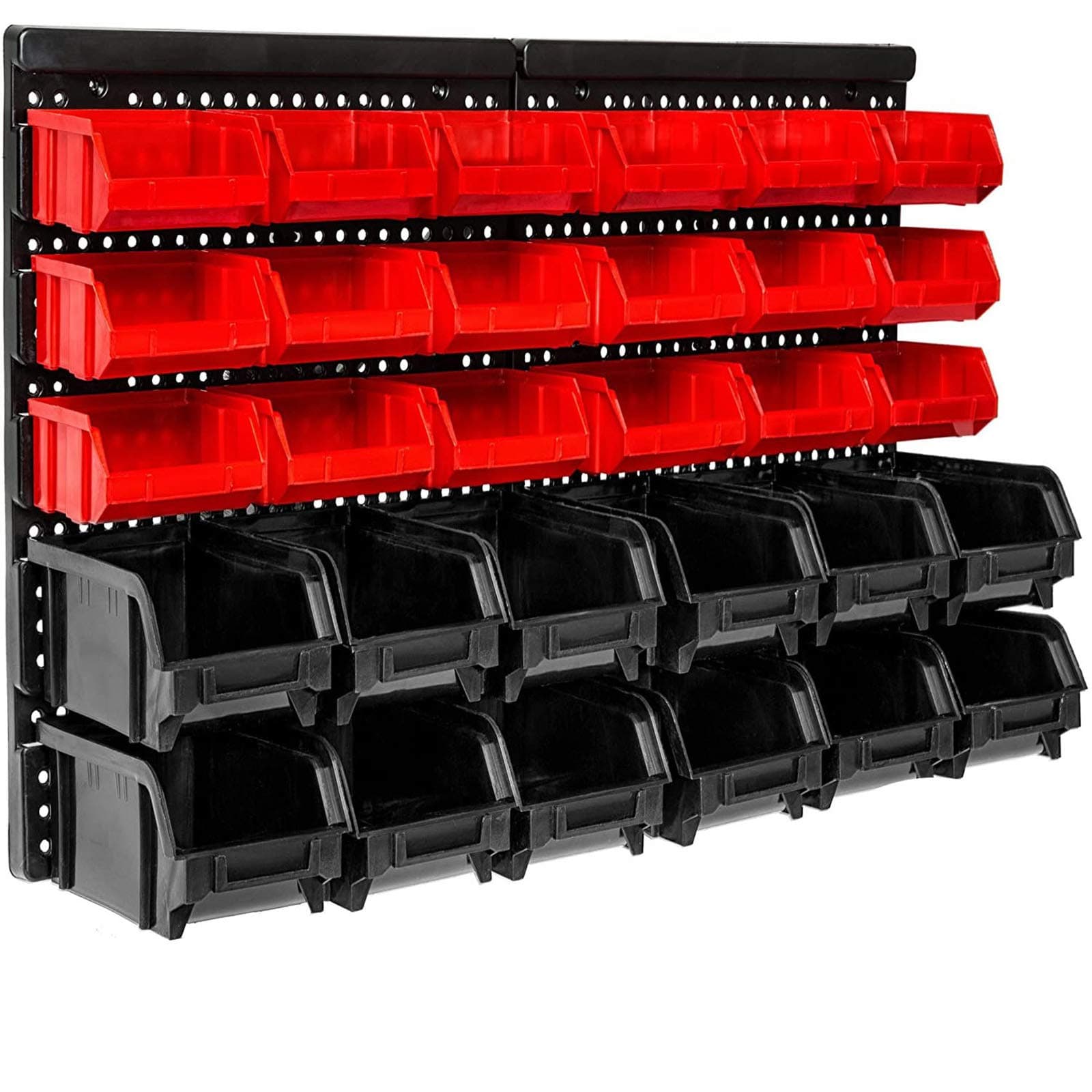 Wall Mounted Storage Bins, 30 Wall Mount Tool Organizer Bins Plastic Parts Rack Container, Easy Access Compartments For Tools, Hardware, Crafts, Office Supplies And More, Blackred