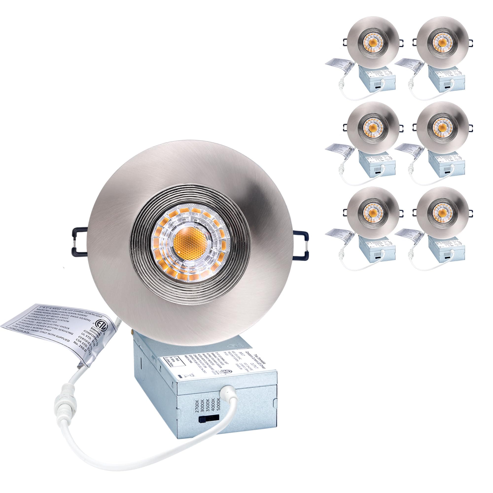 POPANU Premium Canless Recessed Gimbal Downlight Rotatable-Spotlight 5 CCT Eyeball Ceilling Potlight, Dimmable Lights Fixture with Junction Box, 8W CCT Adjustable (Brushed Nickel, 4 Inch)