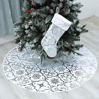 White Christmas Tree Skirt, 48 inches Large Red Flannel Tree Mat with Gilded Christmas Patterns Skirt for Xmas Tree Holiday Party Decorations Indoor Outdoor with 1 Christmas Stocking (White)