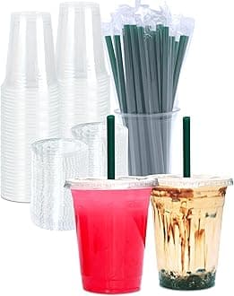 16 oz clear plastic cups with lids & straws