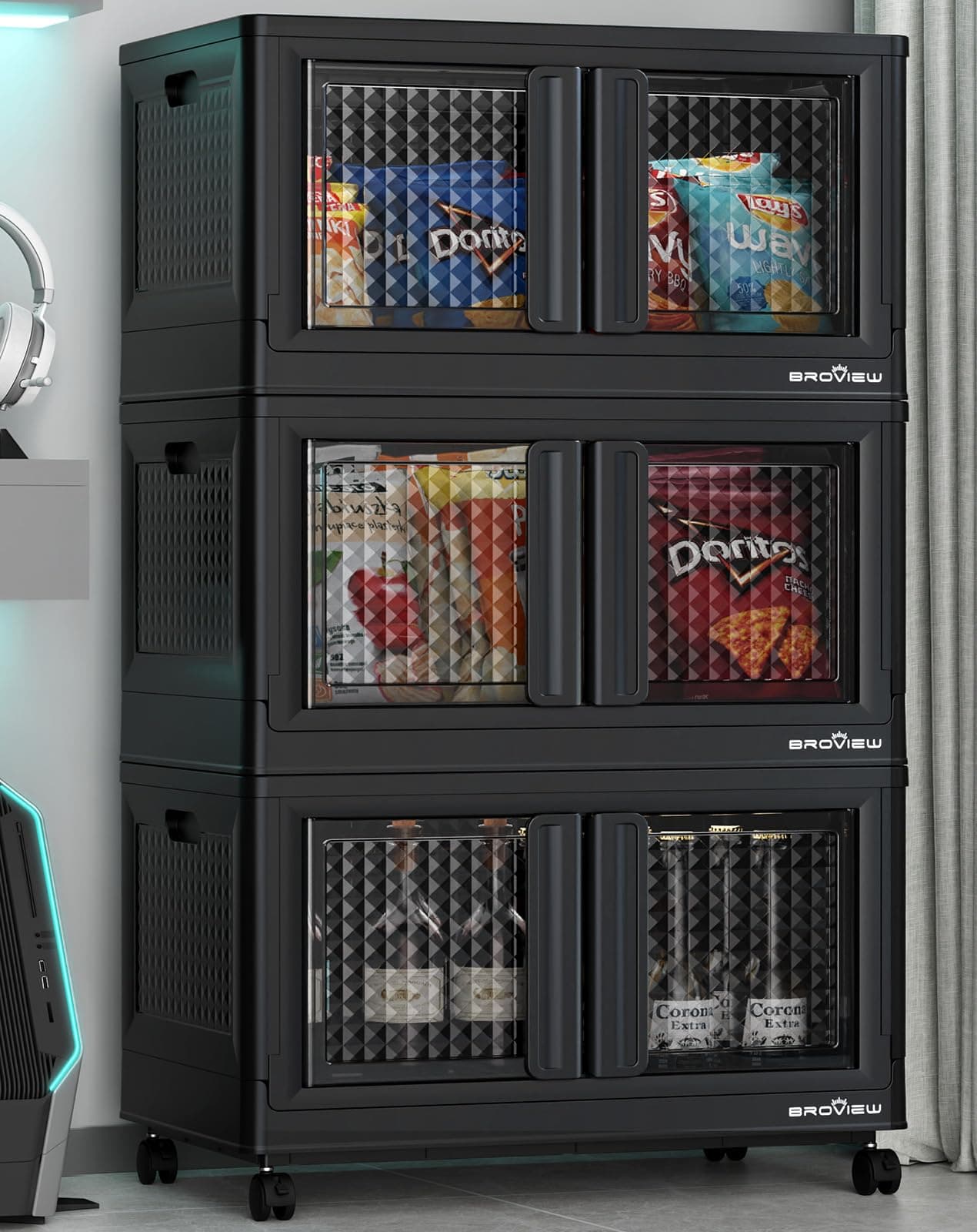 BROVIEW240Qt Storage Bins with Lids, 60Gal Plastic Stackable Collapsible Storage Bins with Doors Wheels, Closet Organizers and Storage, Foldable Box Cabinet for Home Office Garage, 3Pack Black Cube