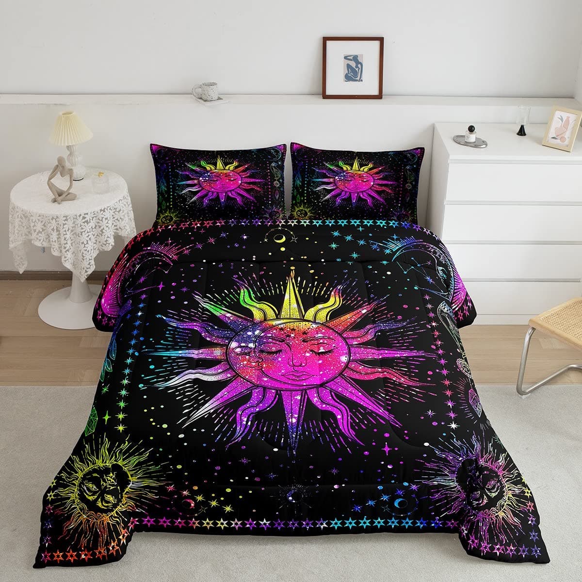 Erosebridal Boho Sun Moon Comforter Set Twin 2 Piece Rainbow Tie Dye Bedding Set Colorful Psychedelic Galaxy Duvet Set,Starry Night Decorations Quilt Comforter Trippy Celestial Constellation Duvet