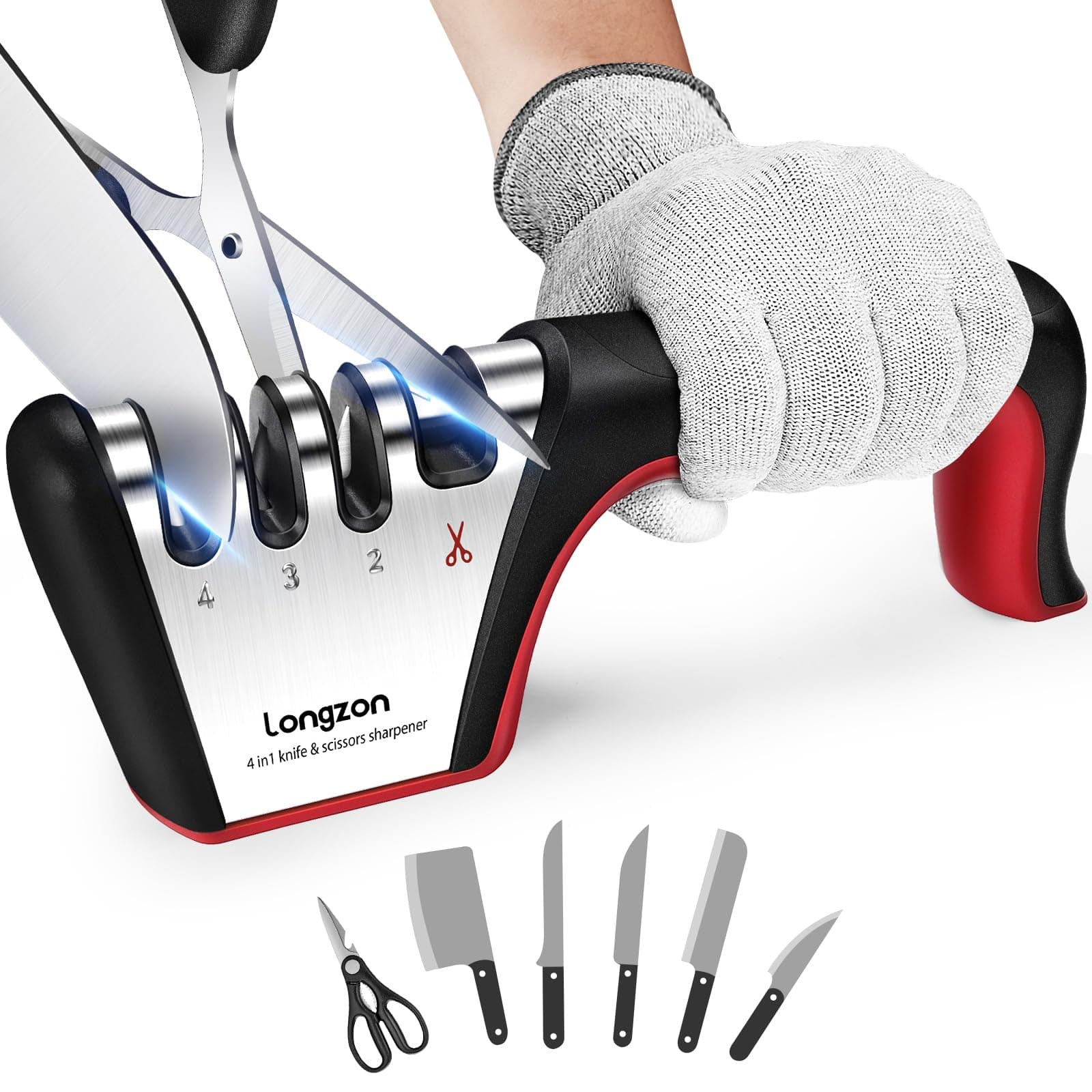 Longzon 5-in-1 Knife Sharpener 4 Stage with Cut-Resistant Glove, Quickly Sharpens & Restores Dull Blades, Easy & Safe for Home Kitchen Use, Fits Most Knives and Scissors, Black+Red