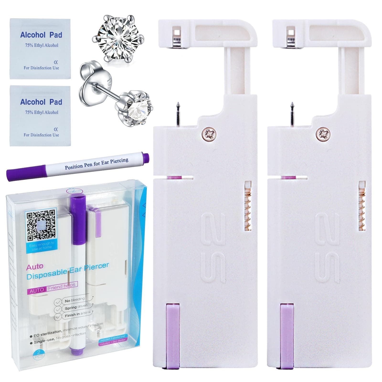 Firstomato 2PCS Disposable Ear Piercing Kit Aseptic Ear Piercing Gun Self Use Ear Piercings Kit Cartilage Piercing Gun with Hypoallergenic Earrings（5mm 6-prongs crystal)