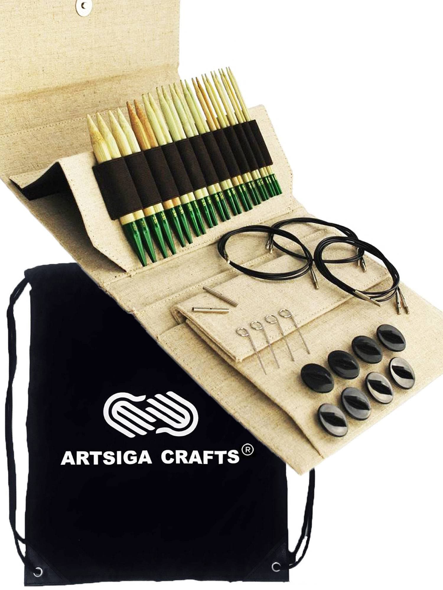 Lykke Grove 5-Inch (13cm) Interchangeable Circular Knitting Needle Set Bamboo US Sizes 3, 4, 5, 6, 7, 8, 9, 10, 10.5, 11, 13 & 15 Includes Beige Canvas Case with Project Bag