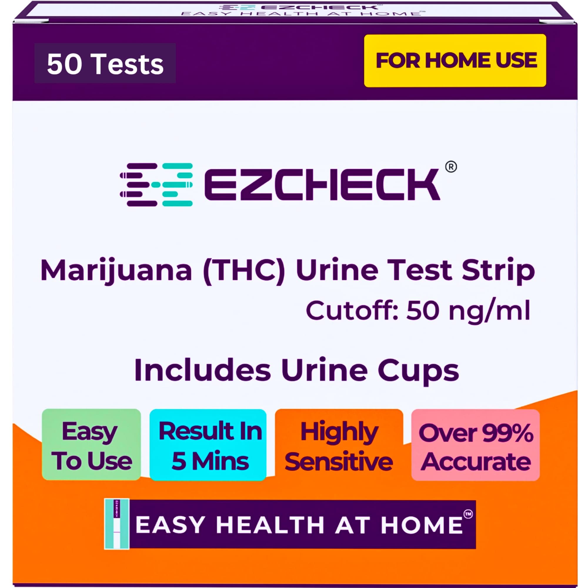 [50 Tests] EZCHECK® Highly Sensitive at Home Marijuana Drug Test Strip, THC Urine Drug Test, Easy Home Drug Test, 50 ng/ml - Fast Result in 5 mins - FSA/HSA Eligible