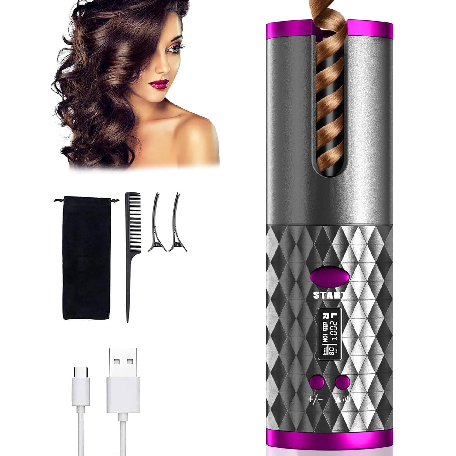 Automatic Curling Iron, Cordless Auto Hair Curler, Ceramic Rotating Hair Curler with 6 Temps & Timers, Portable Rechargeable Curling Wand, Auto Shut-Off, Fast Heating Iron for Styling Wand