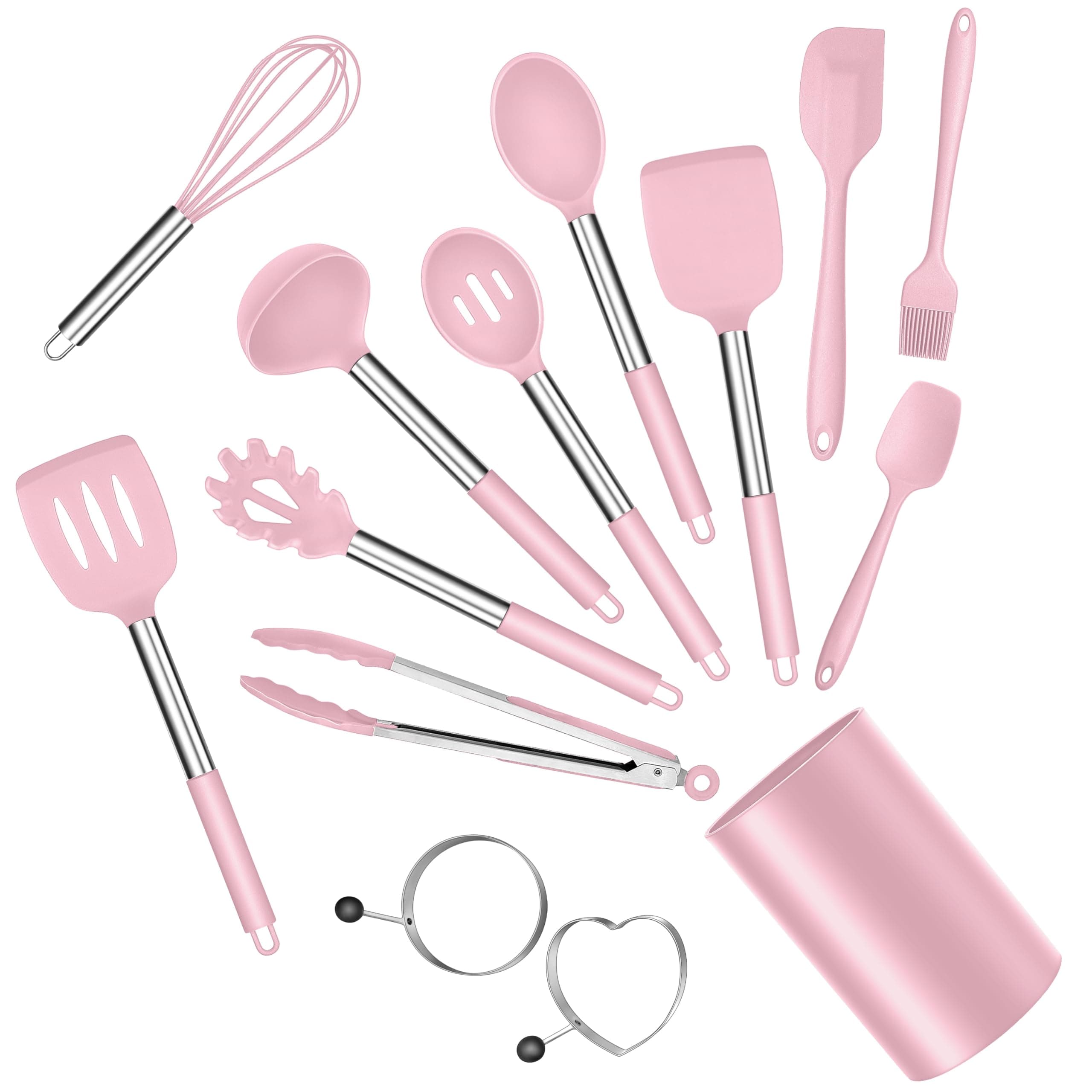 E-far Silicone Cooking Utensils Set, 14-Piece Pink Kitchen Utensils Set with Holder, Kitchen Tools Spatulas with Stainless Steel Handle for Non-stick Cookware, Heat Resistant & Dishwasher safe