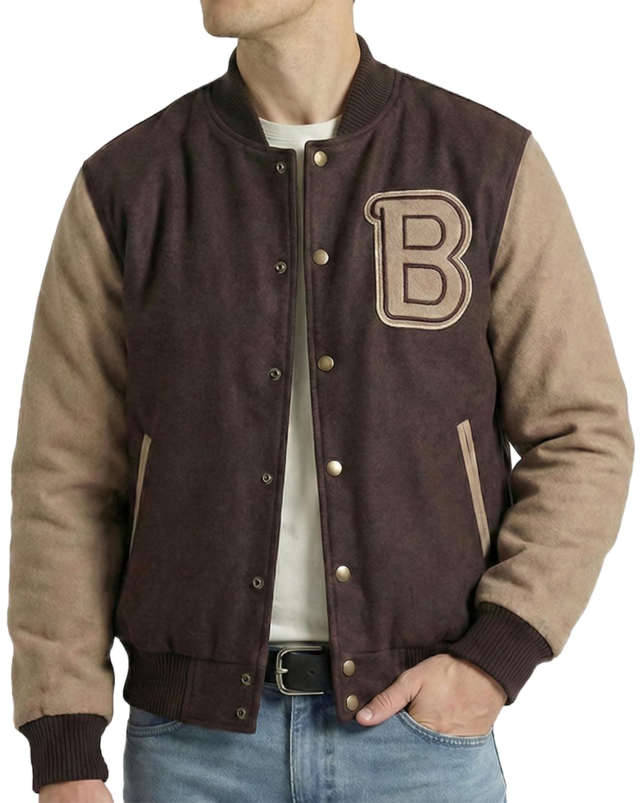 Hotline Miami Varsity Letterman Brown Wool Letter B Patch Flight Bomber Jacket