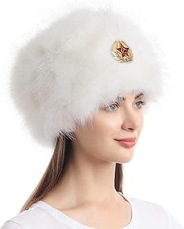Women's Faux Fur Hat for Winter with Stretch Cossack Russian Style White Warm Cap