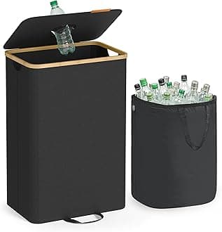 SONGMICS Recycling Bin for Kitchen 26.4 Gallon. Bottle Recycling Container, Collection Bin, for Metal, Plastic, Paper, Glass, Inner Bag with Handles, Kitchen, Ink Black and Natural Beige URRB509B01