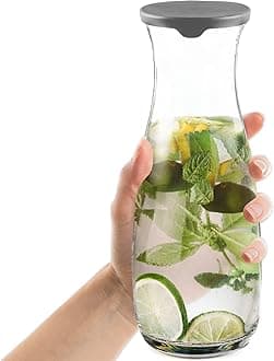 CRYSTALIA Glass Carafe with Lid, Drink Pitcher and Plastic Carafe Lid for Water Milk Iced Tea or Lemonade, Clear Glass Orange Juice Bottles for Mimosa Bar Supplies, Large Glass Container for Fridge