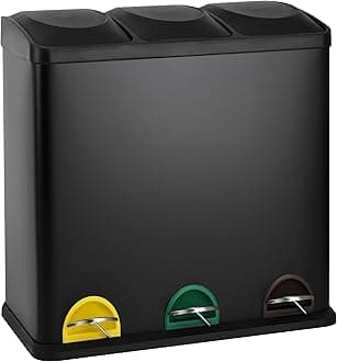 EVRE 60 L Kitchen Waste Rubbish Recycling Bin 3 x 20 Litre Triple Compartment Separation with Removable Plastic Buckets, Odour Seal, Smudge & Fingerprint Resistant (Black)