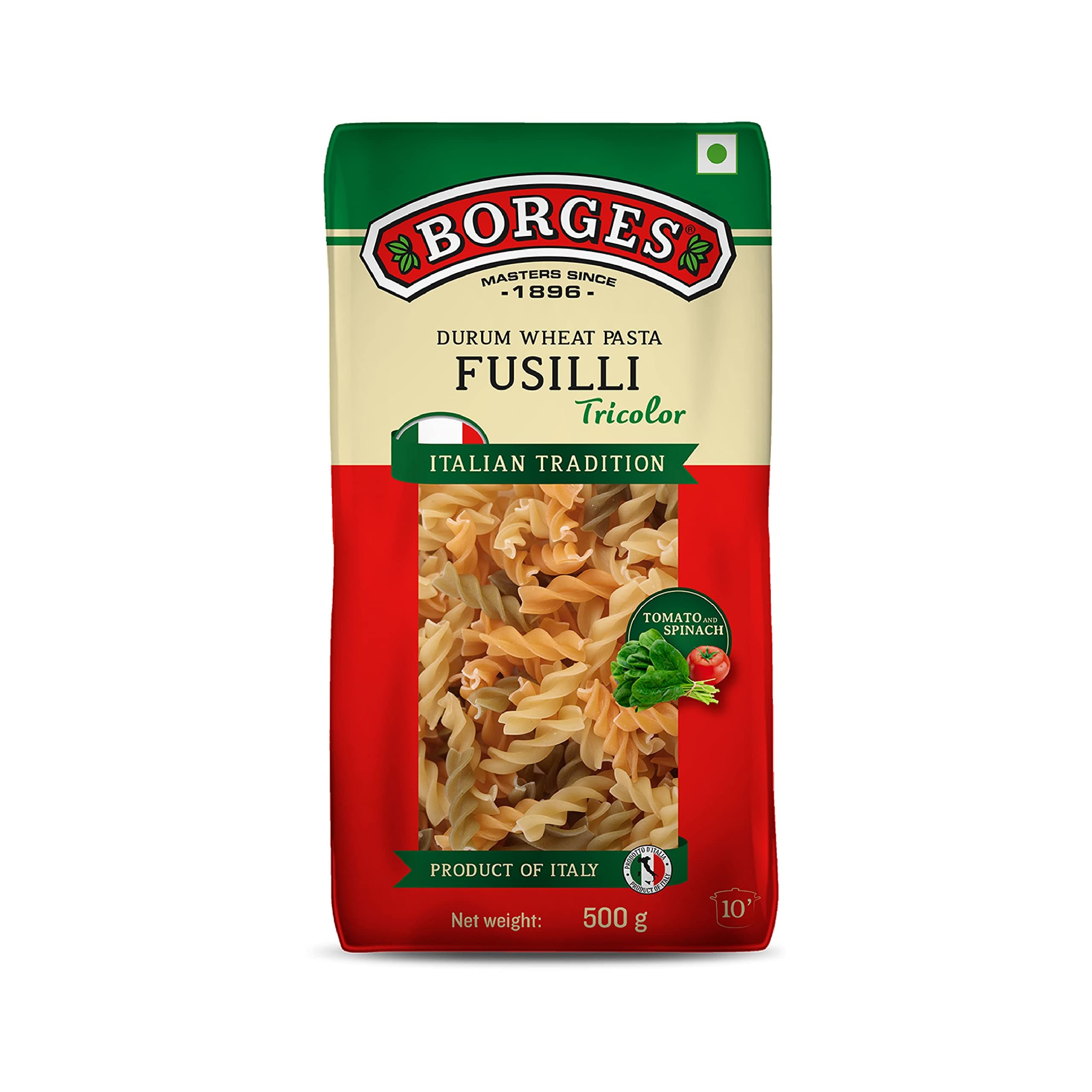 Borges Tricolour Fusilli Pasta - 500 gm | Imported from Italy | Include Real Tomatoes & Spinach | No added colour