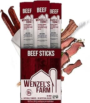 Wenzel's Farm Beef Sticks │Made in the USA Snack Sticks │ Flavorful, Naturally Smoked │ High Protein, Low Carb │ No MSG, Fillers, Binders, Artificial Colors │ Gluten Free | 32 sticks (16 packs of 2)