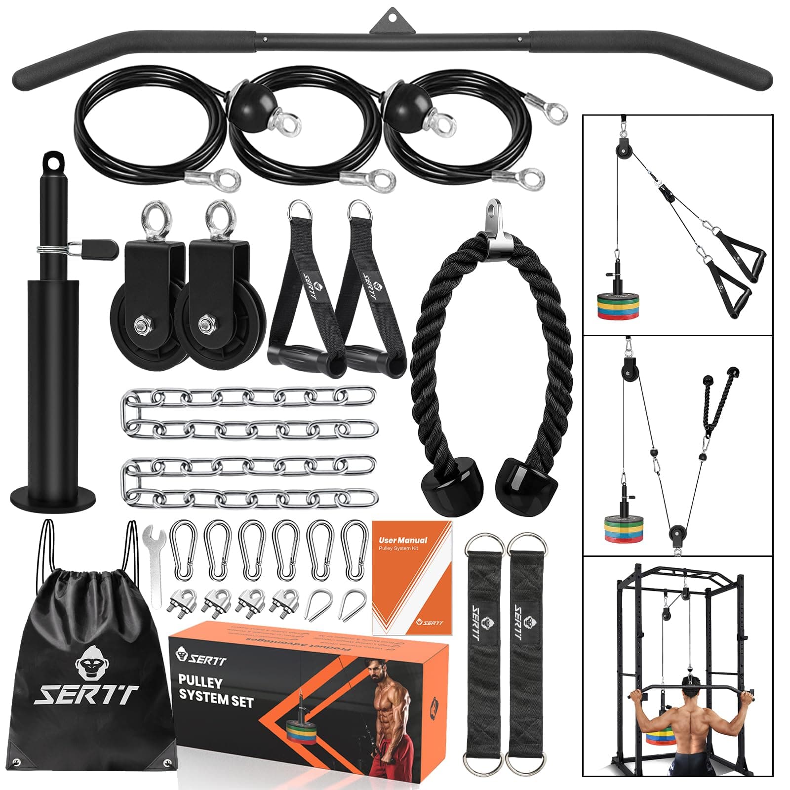 SERTT Home Gym Pulley System - Tricep Workout, Lat Pulldown, Biceps Curl, Triceps, Shoulders, Back, Forearm, Weight Cable for Squat Rack, Garage