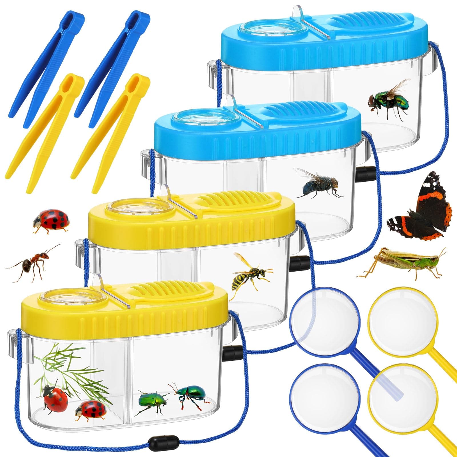 4 Sets Bug Collection Kit for Kids, Explorer Outdoor Kit with Bug Containers for Insects, Magnifying Glass, Tweezers, Nature Exploration Gift Toy for Girls Boys(2 Colors)