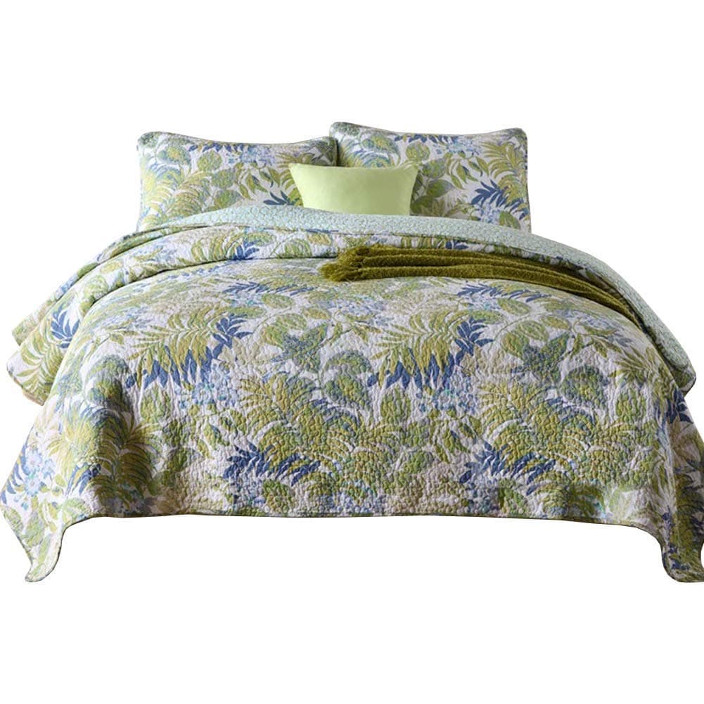 Bedspread Coverlet Set Comforter Oversized 3-Piece Quilt Set Bed Cover (Full/Queen, Green Leaves)