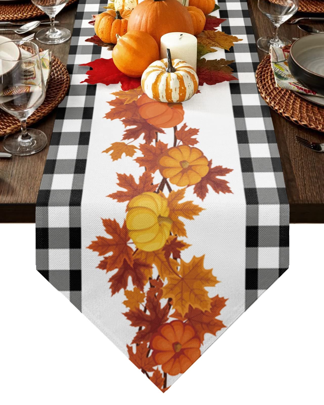 Fall Table Runner 108 inches Long Sunflower Maple Leaves Black White Plaid Non-Slip Washable Burlap Table Linens for Family Dinner, Outdoor or Indoor Parties, Wedding, Gathering Table Decorations