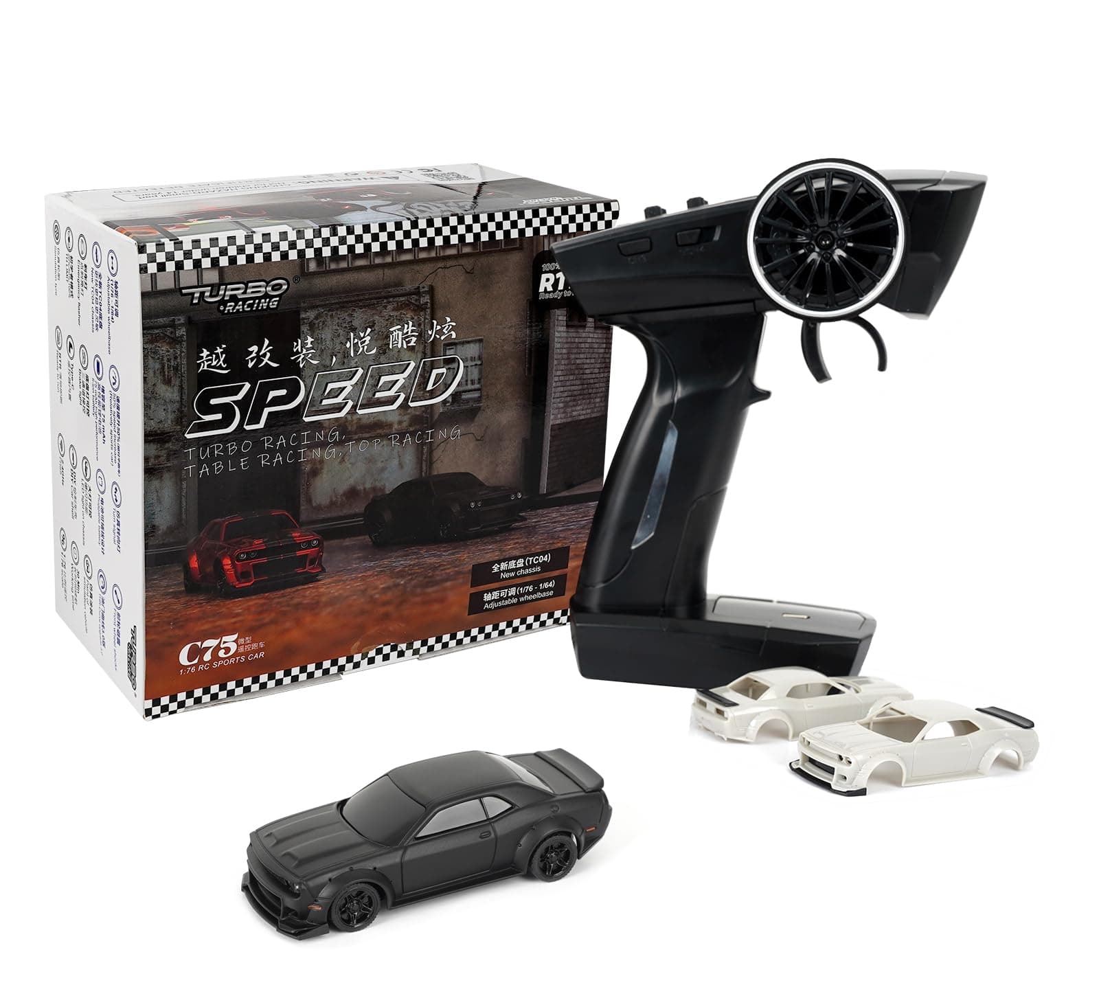 Turbo Racing 1:76 Scale RC Sport Car, Table Racing 2.4GHZ Remote Control Mini Model Car with Full Proportional RTR for Adults Toys (C75-Black)