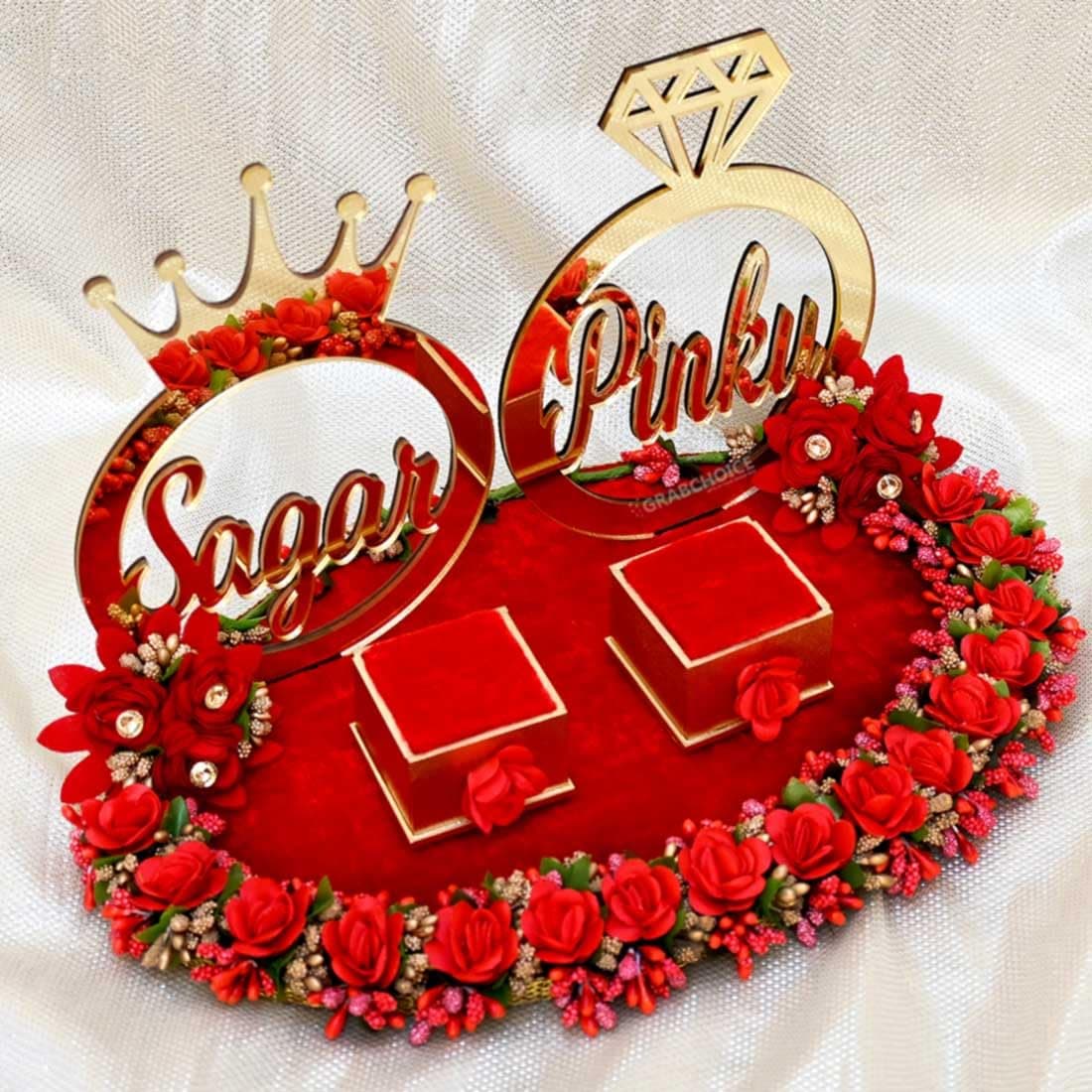GRABCHOICE Personalized Engagement Ring Platter Tray with Name Red