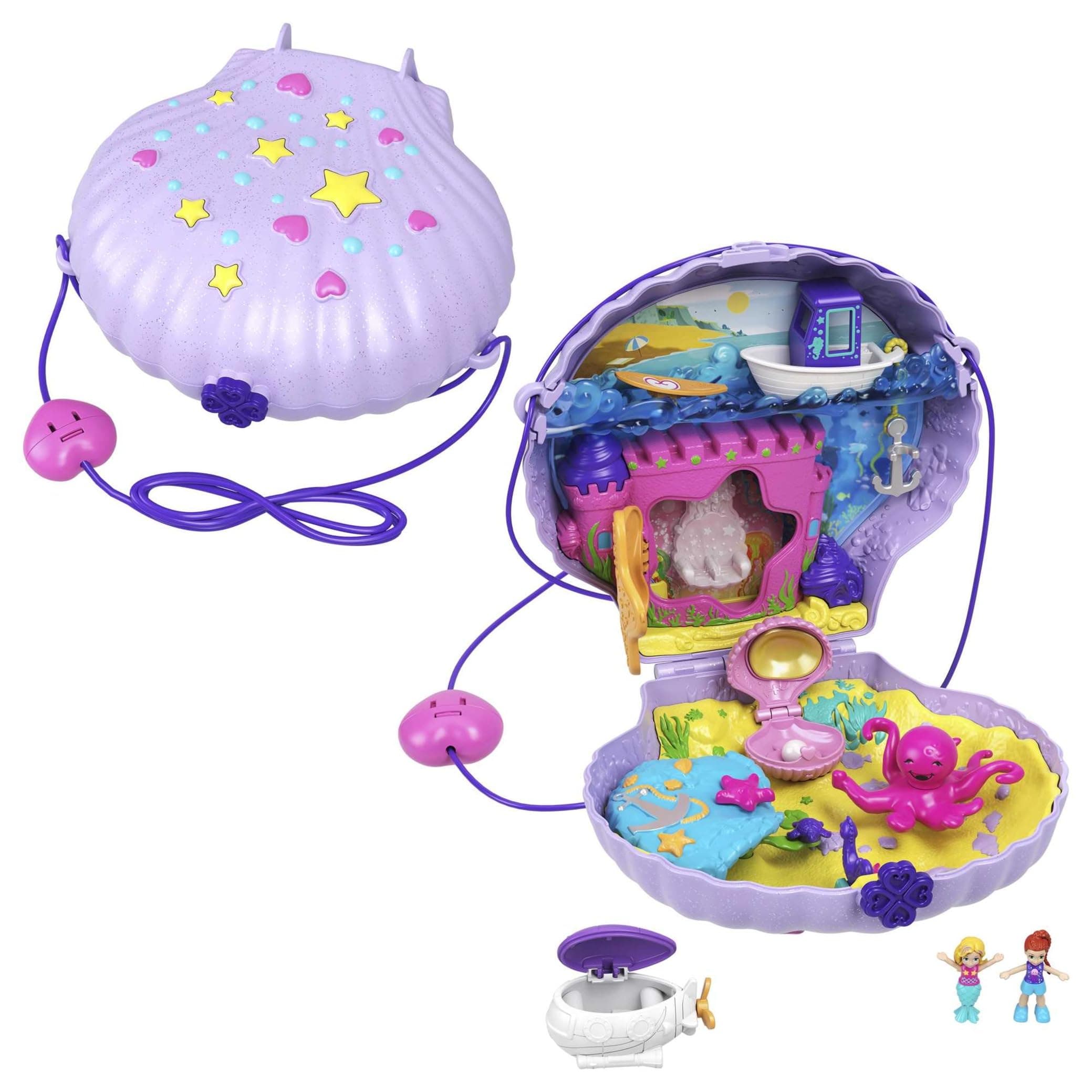 Polly Pocket Micro, Tiny Power Seashell Purse Playset, Purple Shell Purse, Mermaid Theme, 2 Dolls, Toys for Ages 4 and Up, One Playset, GNH11