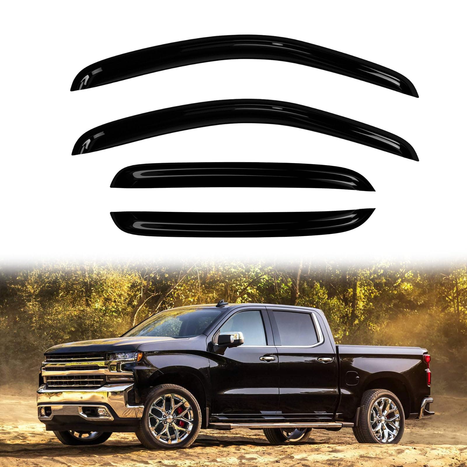 4PC Rain Guards for 07-13 Chevy Silverado GMC Sierra 1500 2500HD 3500HD Window Visors for Suburban Yukon XL 1500 2500 Crew Cab Only Deflectors Sun Shades Vent Tape On Out Channel