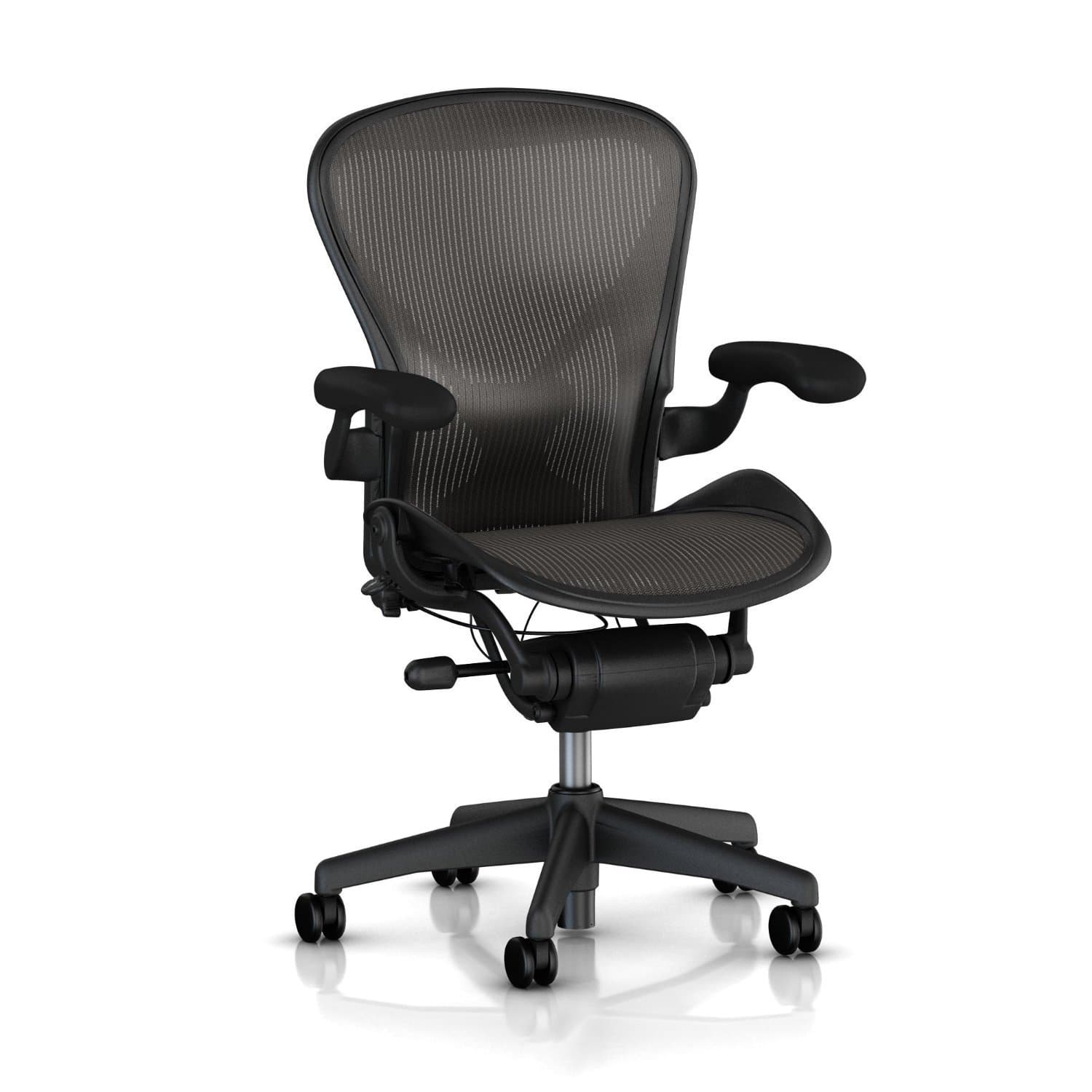 Herman Miller Aeron Task Chair: Tilt Limiter, PostureFit Support, Fixed Vinyl Arms, Standard Carpet Casters, Black, Mesh, Modern, Office