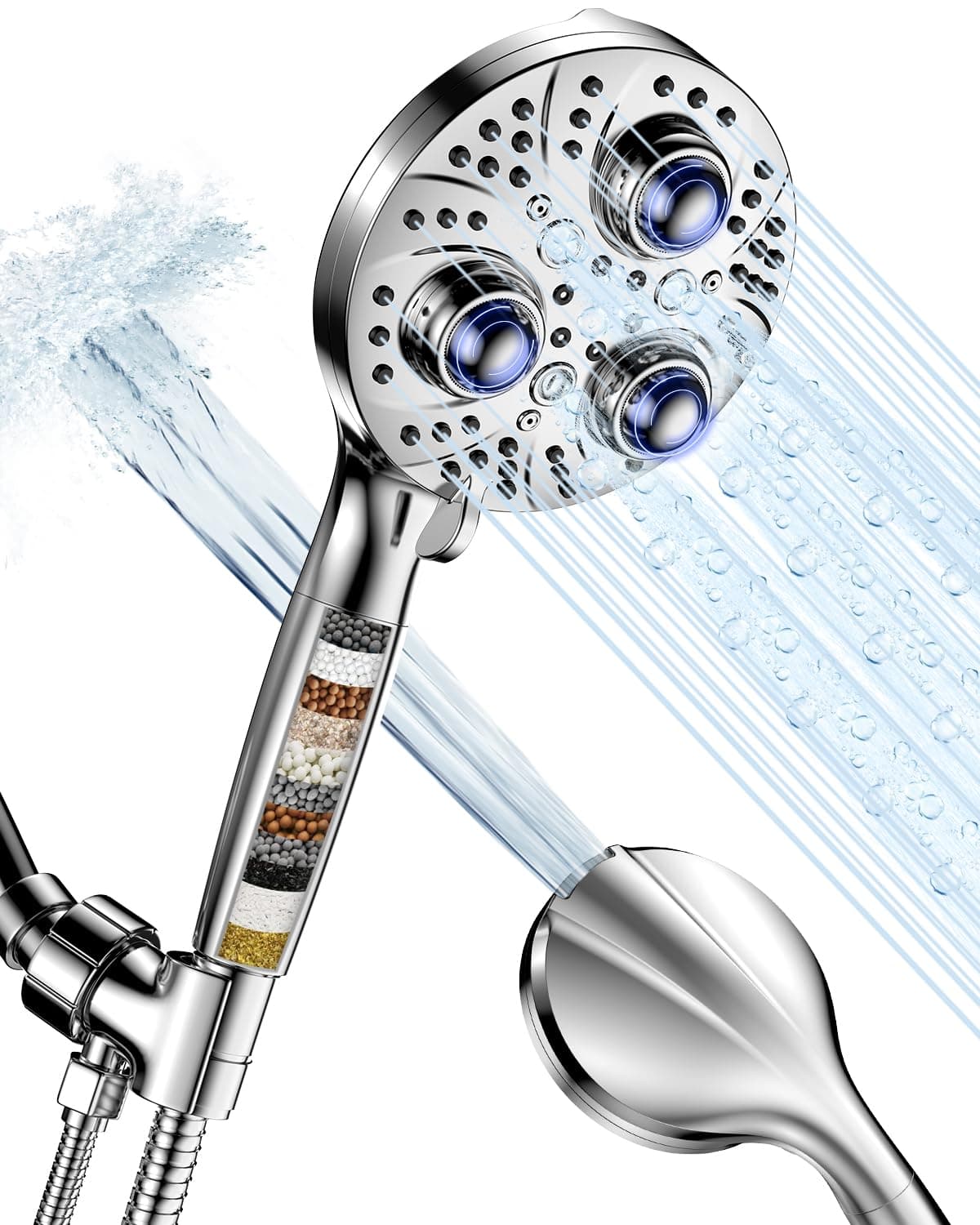 Filtered Shower Head with Detachable Handheld, 5.1'' Chrome Surface, 9 Spray Settings High Pressure Shower Head with Multifunction Filters for Hard Water Remove Harmful Substance (14591)