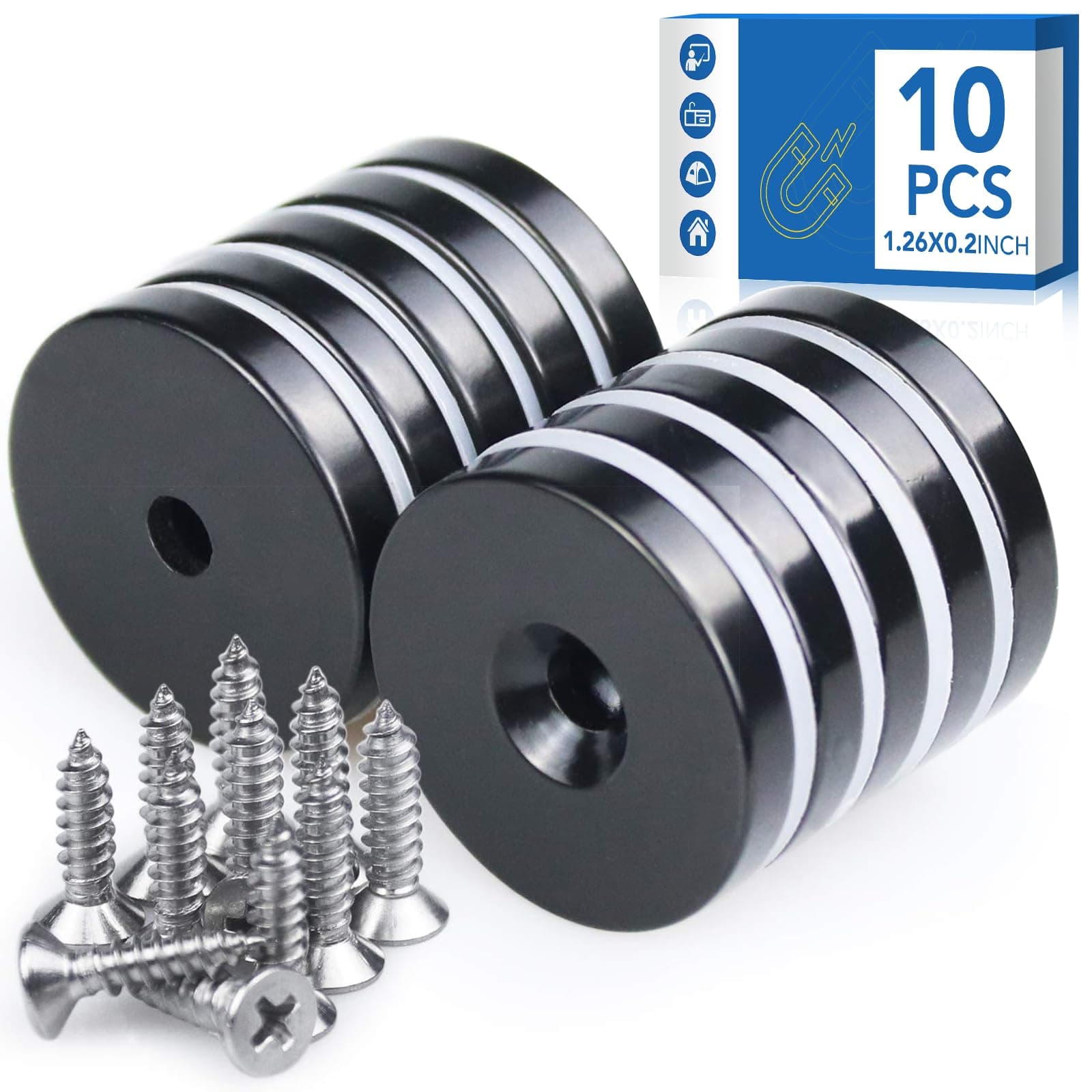 LOVIMAG 1.26”D x 0.2”H Black Epoxy Coated Neodymium Disc Countersunk Hole Magnets. Strong Permanent Rare Earth Magnets with Screws for Tool Room, Science, Craft, Office, etc - Pack of 10