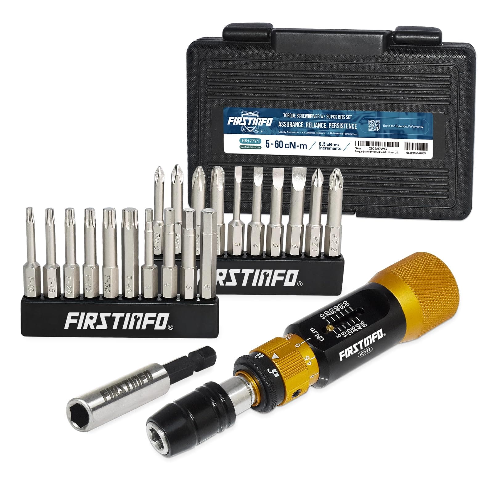 FIRSTINFO Ultra Precision Certified Torque Limiting Screwdriver Set, 1/4 Inch Universal Hex Quick Release Bit Holder, 5-60 cNm (0.05-0.6 Nm) w/ 20pcs Screwdriver Bits & Extension Holder, Storage Case