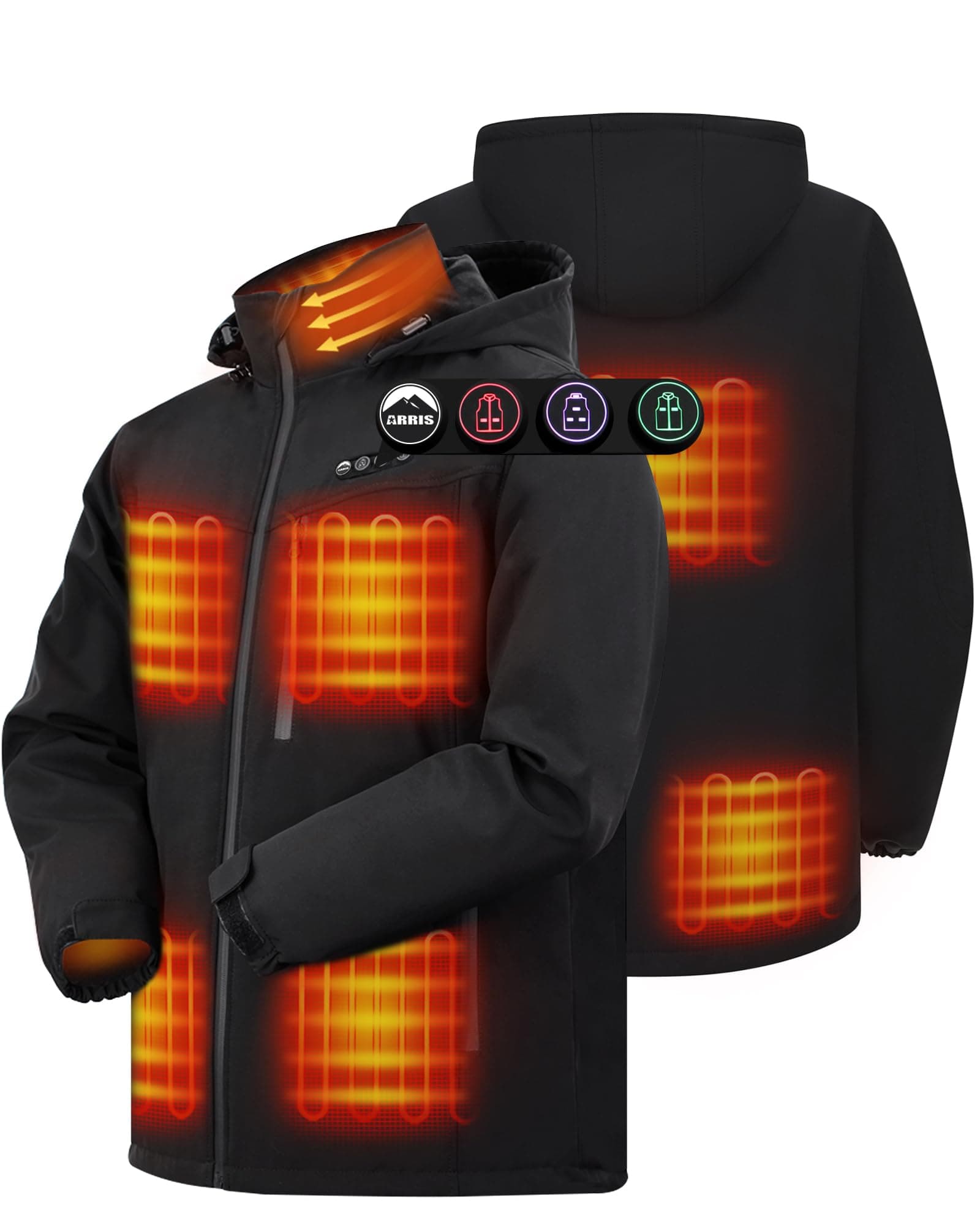 Men`s Heated Jacket, Electric Heating Coat with 7.4V Battery and Detachable Hood - Waterproof, 8 Heating Areas