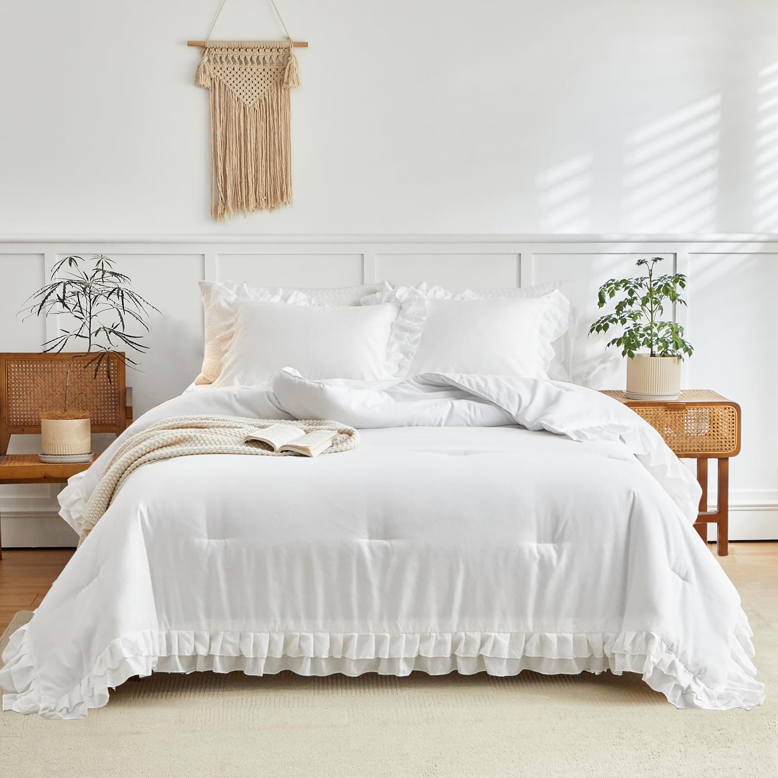 White Ruffled Comforter Set King Size - 106 x 92 Inches 3 Piece (1 Ruffled Comforter & 2 Pillowcases) Shabby Chic Style 2 Layers Ruffle Lightweight Soft Fluffy Bedding Sets