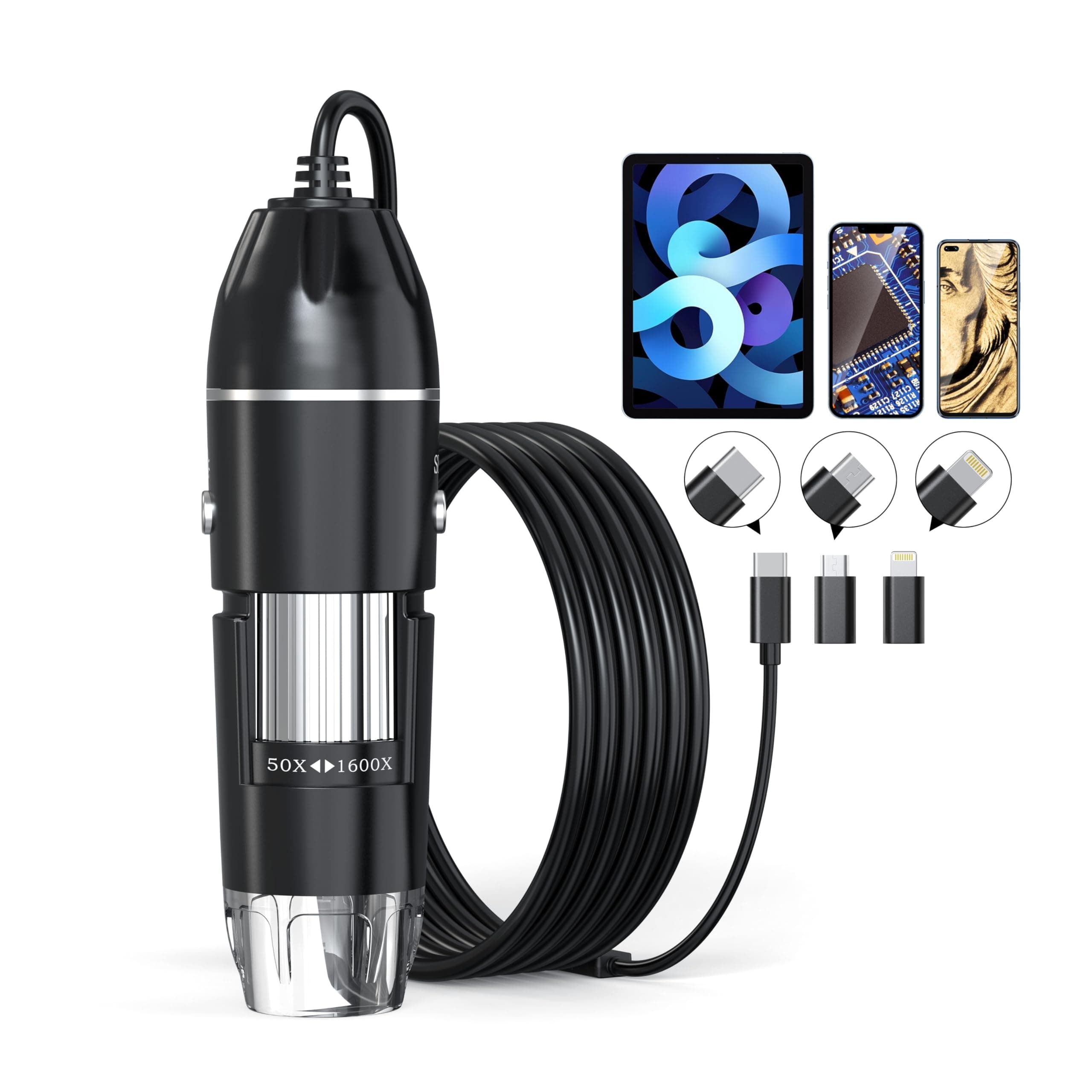 USB Digital Microscope, 50x-1600x Magnification Handheld, 1920P HD 8 LED Lights, Portable Pocket Microscope, Compatible with iOS and Android Devices, +2MP Magnifier Camera, No PC Support