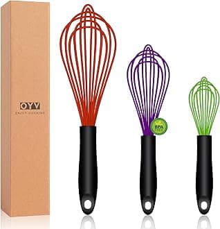 Dishwasher Safe Multicolor Silicone Whisk, Sealed Waterproof Design Set of 3, Professional Kitchen Whisks for Cooking Non-Scratch, Silicone & Stainless Steel Whisk, Heat Resistant Egg Beater