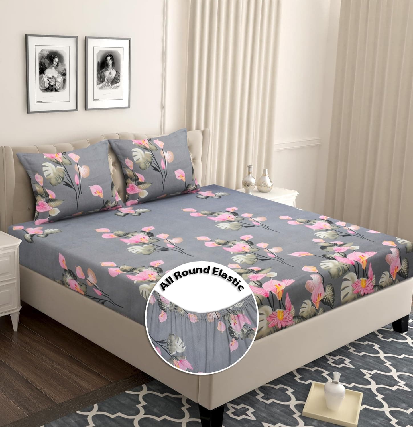 Premium Cotton Elastic Fitted Bedsheets with 2 King Size Pillow Covers | Double Bed with All Around Elastic 180 TC Supersoft | Size - 72 King Sizex78+10 inches | Pink & Grey