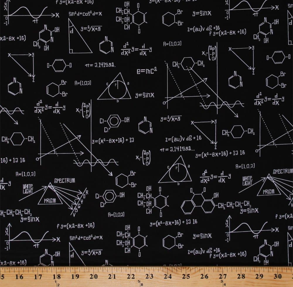 Cotton Science Diagrams Chalkboard Drawings Equations Math Chemistry Physics Geometry Science Fair Black Cotton Fabric Print by The Yard (AIB-14737-2BLACK)