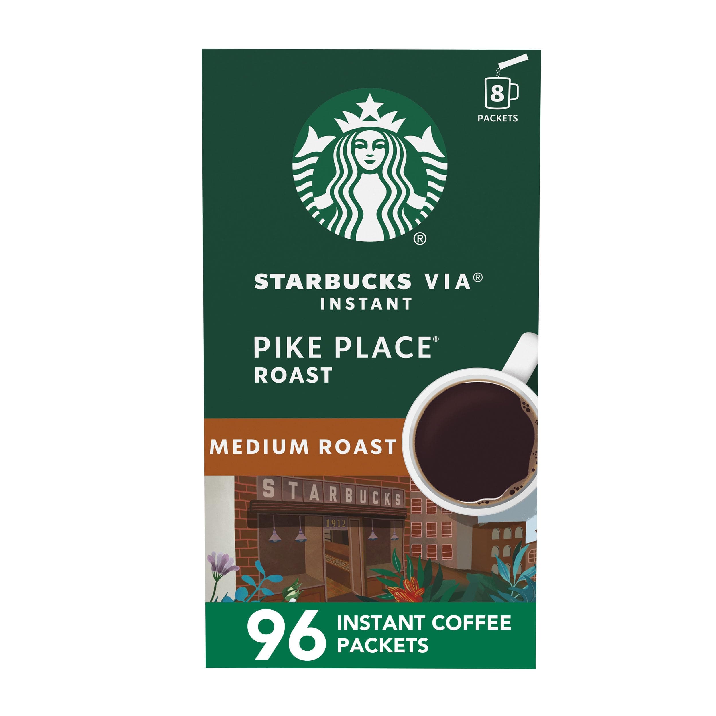 VIA Instant Coffee Packets, Single Serve, Medium Roast Coffee, Pike Place Roast, 96 Packets ​