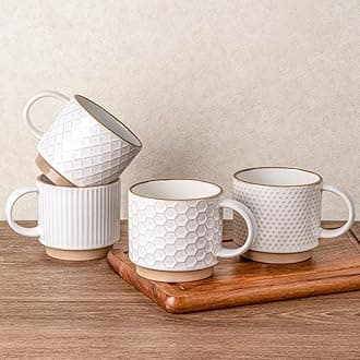 GBHOME 15OZ Stackable Coffee Mugs, Ceramic Coffee Mugs with Texture Patterns for Man,Woman,Dad,Mom, Modern Coffee Mugs Set of 4 for Latte/Cappuccino/Cocoa. Dishwasher&Microwave Safe, Off White