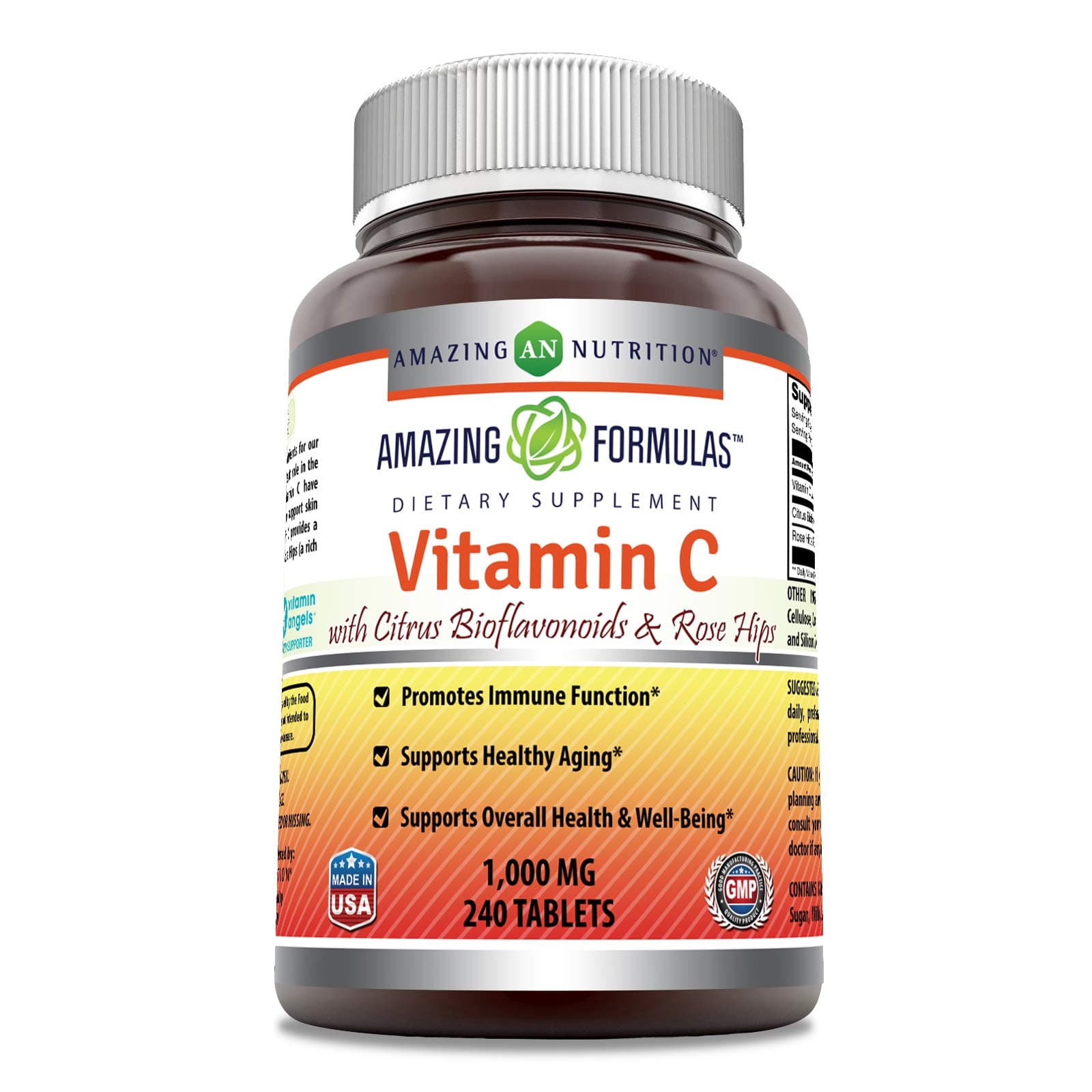 Amazing Formulas Vitamin C (Ascorbic Acid) - 1000mg with Rose Hips & Citrus Bioflavonoids -Promotes Immune Function -Supports Healthy Aging -Non-GMO, Gluten Free (240 Tablets)