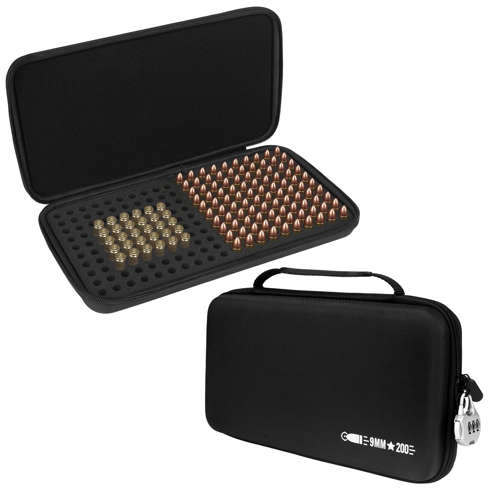 200 Round 9MM Ammo Case, Locking Travel Safe Storage Box for 9MM Luger, 380 ACP, 32 ACP, 30 Luger, 32 S&W, 40 S&W