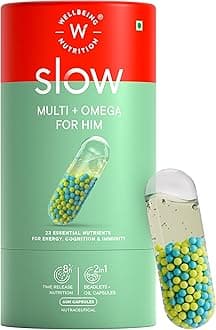 Wellbeing Nutrition Slow Multivitamin + Omega 3 for Men with Probiotics, B-Complex, Ginseng, 23 Vitamins & Minerals, 15 Antioxidants | Stamina, Metabolism, Bones, Immunity, Digestion, 60 Veg Capsules
