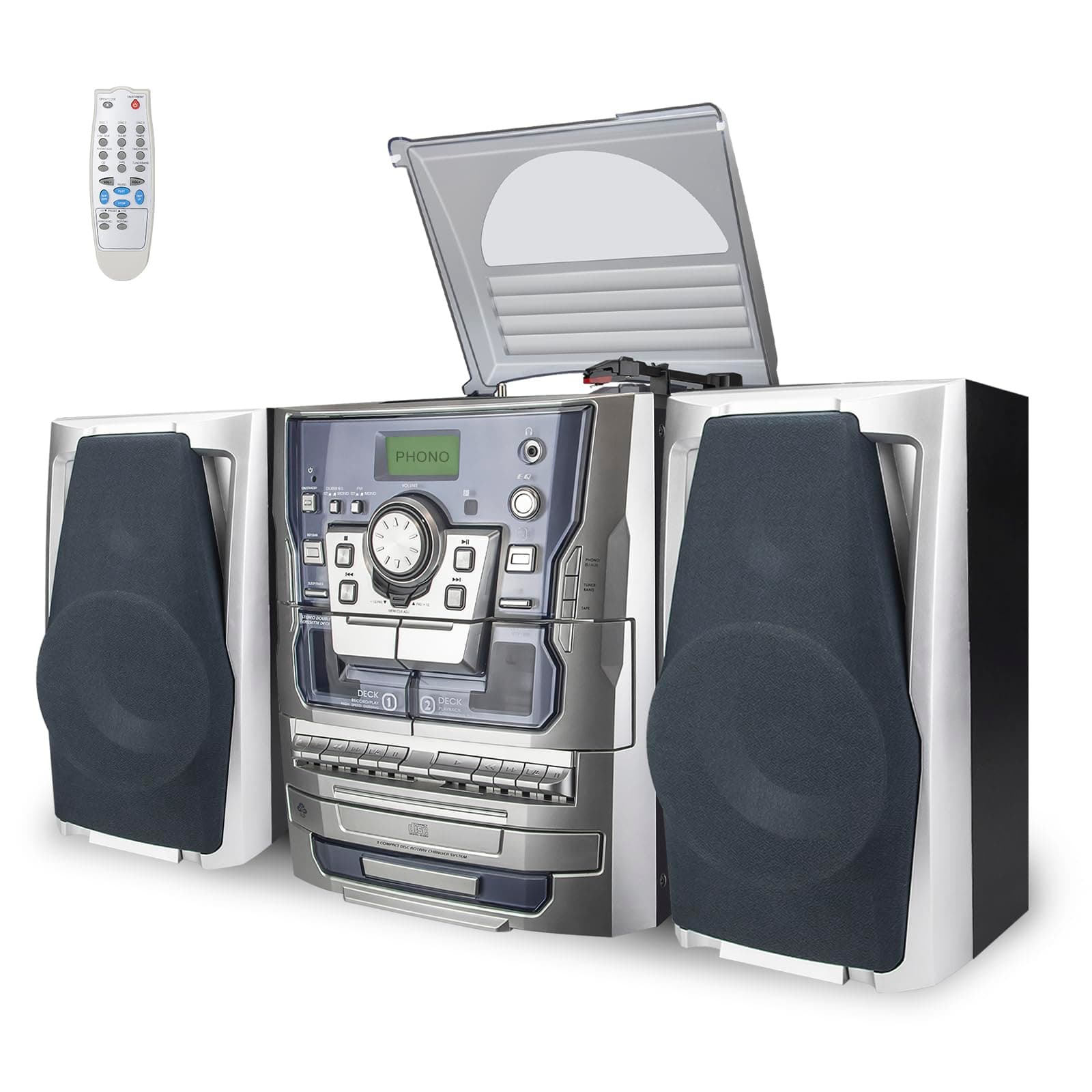 Bluetooth Vinyl Stereo Record Player, 3-Speed Stereo Turntable CD Player Music System with Dual Cassette Deck, Digital Alarm Clock FM Radio Coded CD Tape with Remote Control