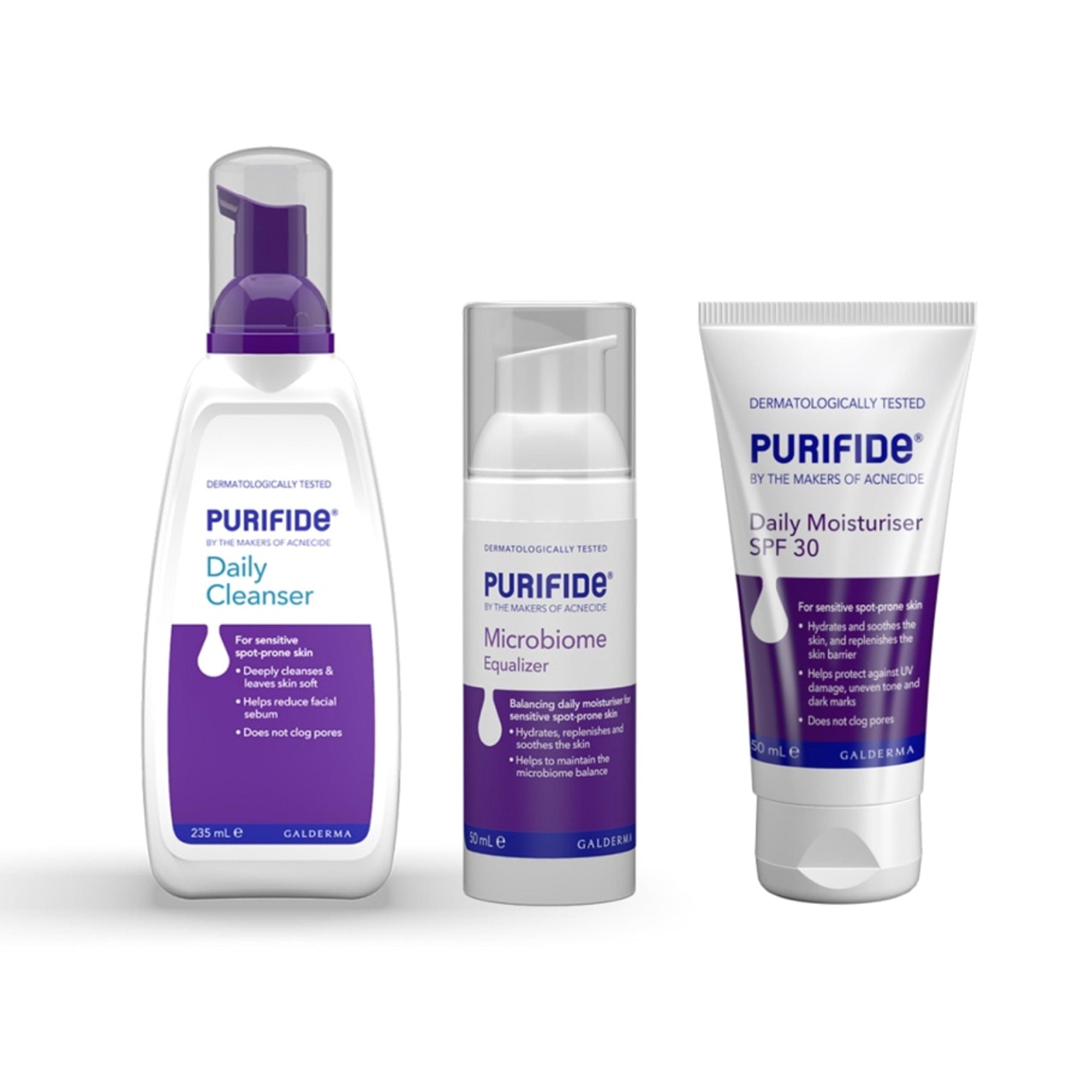 Purifide by Acnecide Re-set Skincare Set, with Microbiome Equalizer for Blemish-Prone Skin (50ml), SPF 30 Moisturiser (50ml) + Daily Cleanser (235ml)