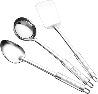 Parage 3 Pieces Stainless Steel Kitchen Tools for Home & Kitchen, Cooking & Serving, Basting Spoon (Chamcha), Ladle(Karchhi), Turner/Spatula (Palta), Dual Tone Handle Kitchen Gadgets, Silver