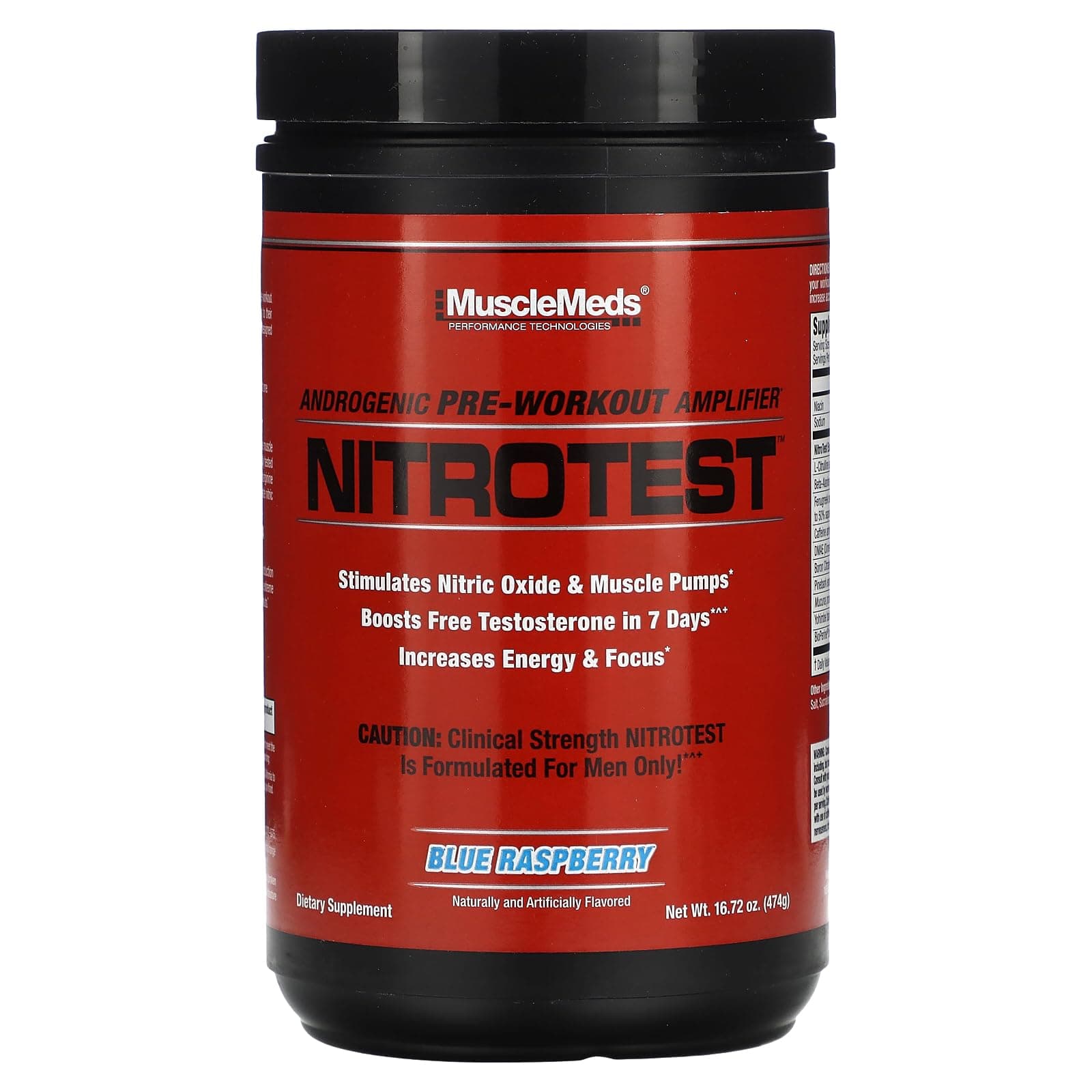 Nitrotest Pre-Workout Supplement Drink, Boost Nitric Oxide, Testosterone, Blue Raspberry, 30 Serving, 1.04 Pound, 1 Count